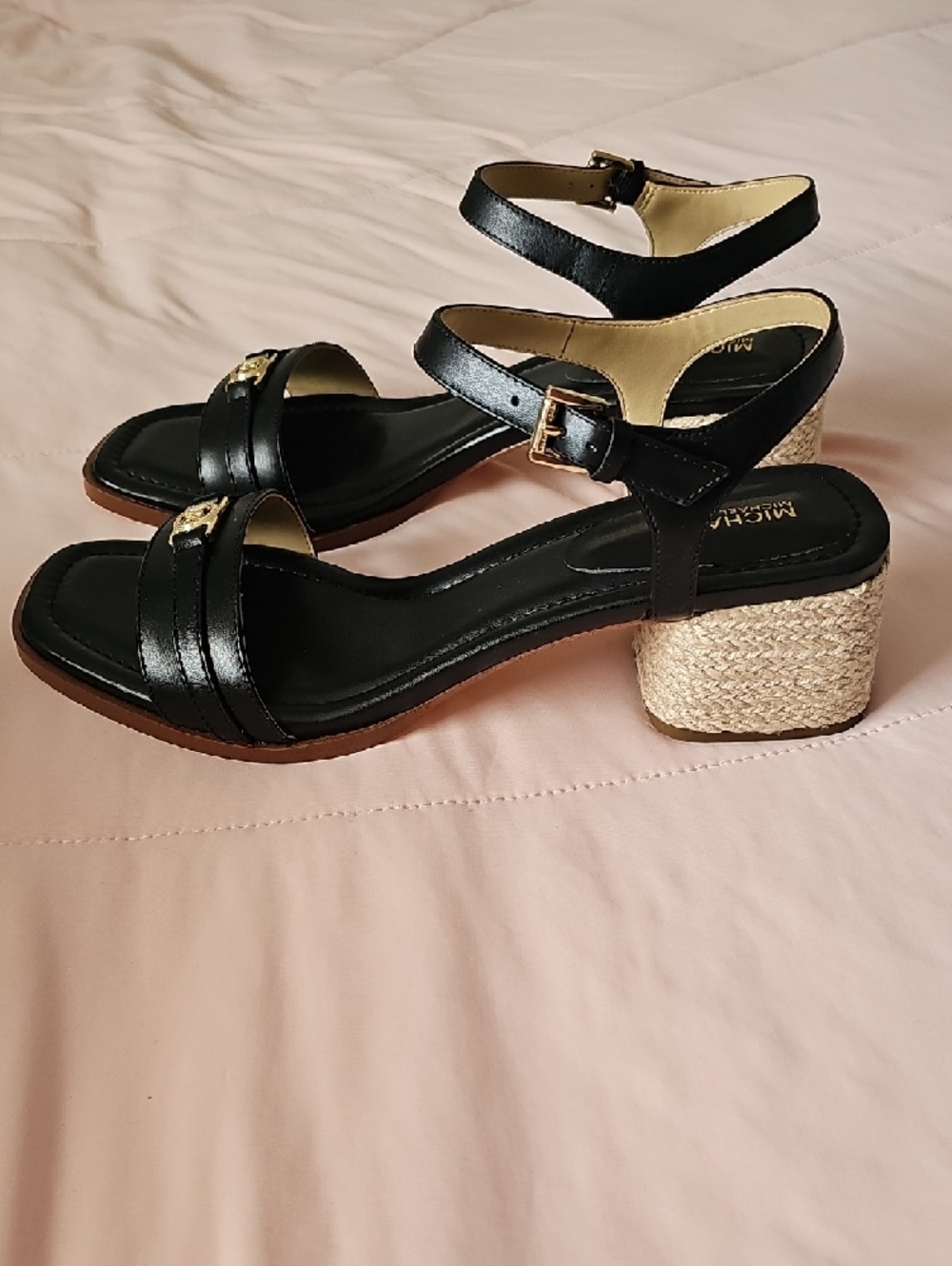 Michael Kors Mandy Mid Sandal Black Leather Ankle-Strap Block Heel, W9.5M - Picture 2 of 6
